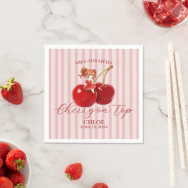 かわいい女の子とピンクストライプのSweet Cherry on Top バースデー スタンダードカクテルナプキン