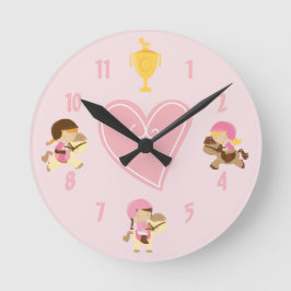 かわいい女の子とポニーとイングリッシュタックピンクホース ラウンド壁時計