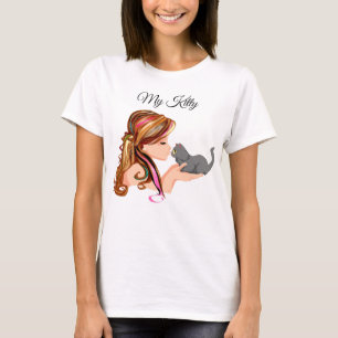 かわいい女の子と可愛らしいグレーの子猫 Tシャツ