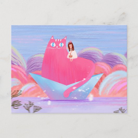 かわいい女の子と大きな猫 ポストカード (正面)