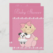 かわいい女の子と子犬のピンクのベビーシャワー 招待状 (正面/裏面)