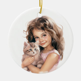 かわいい女の子と子猫 セラミックオーナメント
