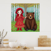 🌲 かわいい女の子と森のクマの壁掛けアート 子供部屋用 ポスター (キッチン)