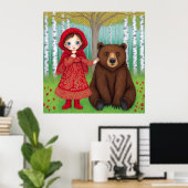 🌲 かわいい女の子と森のクマの壁掛けアート 子供部屋用 ポスター (ホームオフィス)