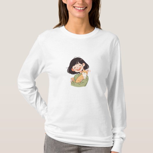 かわいい女の子と猫の友達 Tシャツ (正面)