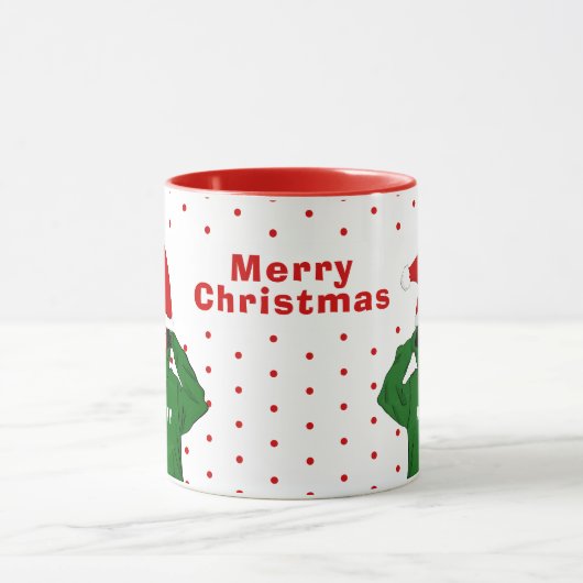 かわいい女の子と緑のフード付きスウェットシャツサンタハットクリスマス マグカップ (中央)