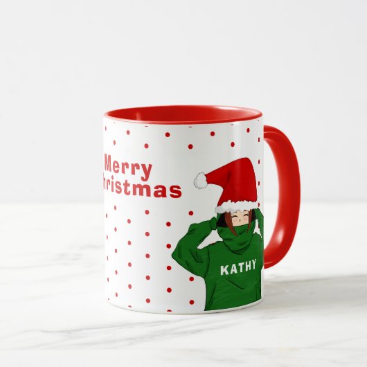かわいい女の子と緑のフード付きスウェットシャツサンタハットクリスマス マグカップ (正面右)