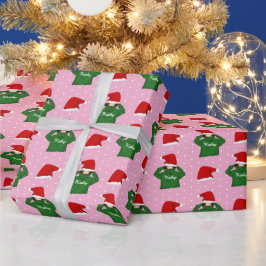 かわいい女の子と緑のフード付きスウェットシャツサンタハットクリスマス ラッピングペーパー