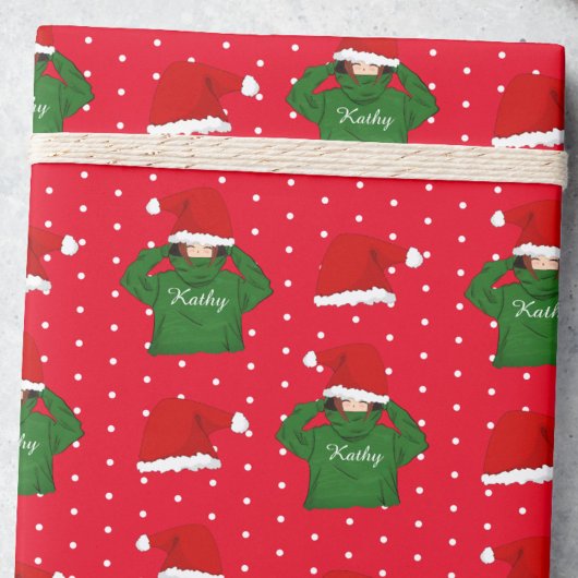 かわいい女の子と緑のフード付きスウェットシャツサンタハットクリスマス ラッピングペーパー