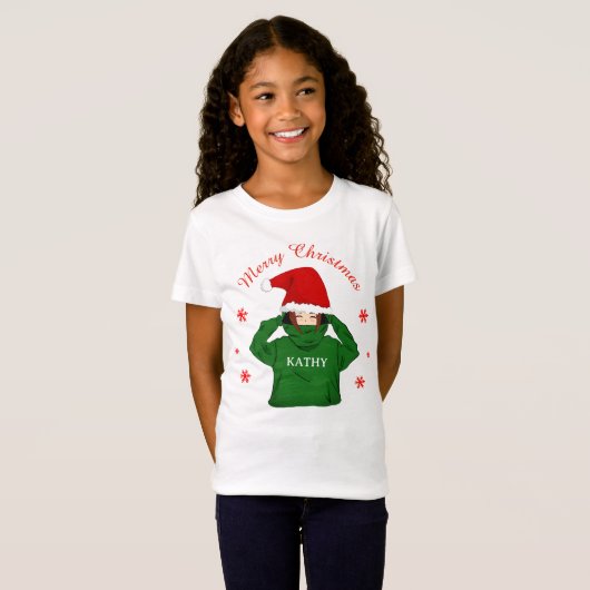 かわいい女の子と緑のフード付きスウェットシャツサンタハットクリスマス Tシャツ (正面フル)