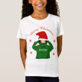 かわいい女の子と緑のフード付きスウェットシャツサンタハットクリスマス Tシャツ (正面)