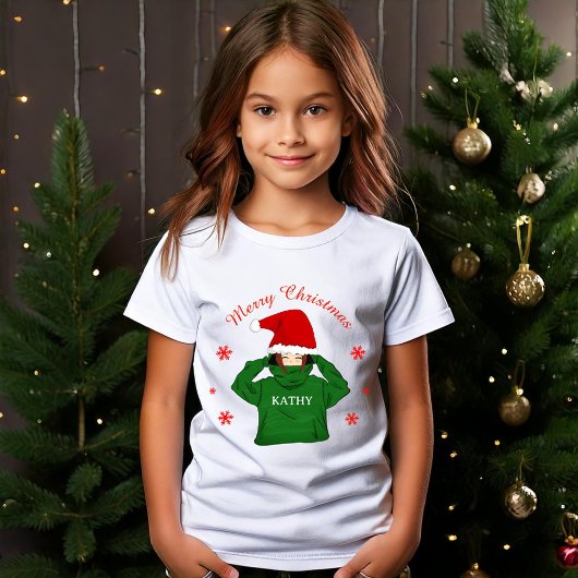 かわいい女の子と緑のフード付きスウェットシャツサンタハットクリスマス Tシャツ