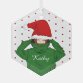 かわいい女の子と緑のフード付サンタハットクリスマス ガラスオーナメント (正面)