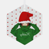 かわいい女の子と緑のフード付サンタハットクリスマス ガラスオーナメント (裏面)