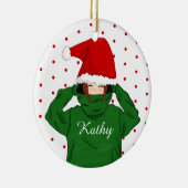 かわいい女の子と緑のフード付サンタハットクリスマス セラミックオーナメント (右)