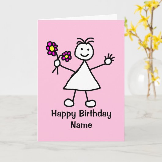 かわいい女の子と花誕生日 カード (黄色い花)