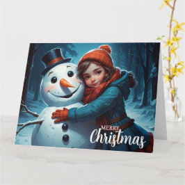 かわいい女の子と雪だるまクリスマスカード カード