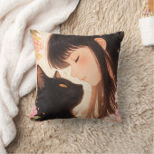 かわいい女の子と黒猫の芸術的な枕 クッション (ブランケット)