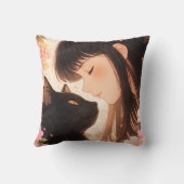かわいい女の子と黒猫の芸術的な枕 クッション (裏面)