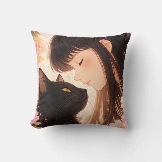かわいい女の子と黒猫の芸術的な枕 クッション