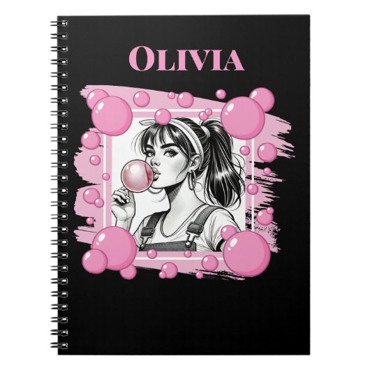 かわいい女の子とBubble、漫画おもしろい、白黒カスタム ノートブック (正面)