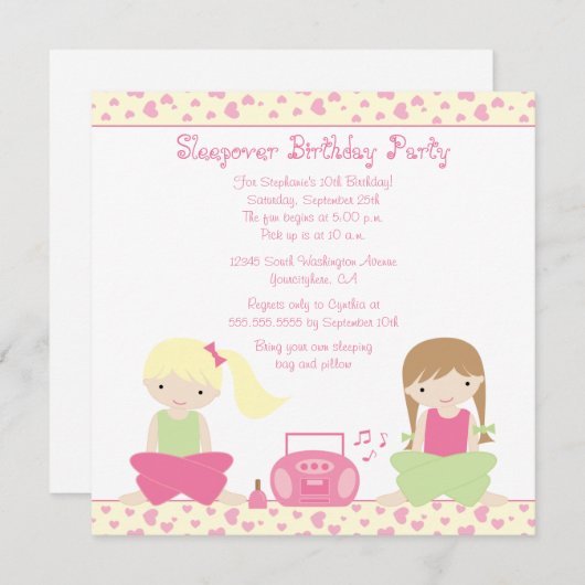 かわいい女の子のお泊まりパーティーの招待 招待状 (正面/裏面)
