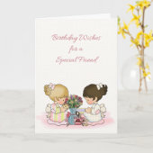 かわいい女の子のお茶パーティー，友人誕生日 カード (黄色い花)