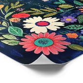 かわいい女の子のためのウォールアート – 青いフローラフォーク花 ポスター (角)