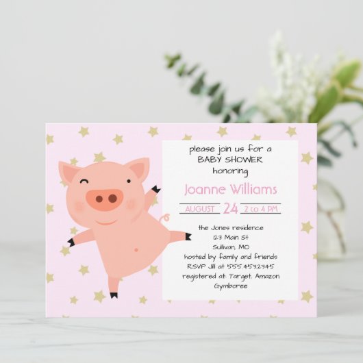かわいい女の子のためのピギー赤ちゃんシャワー 招待状 (スタンド正面)