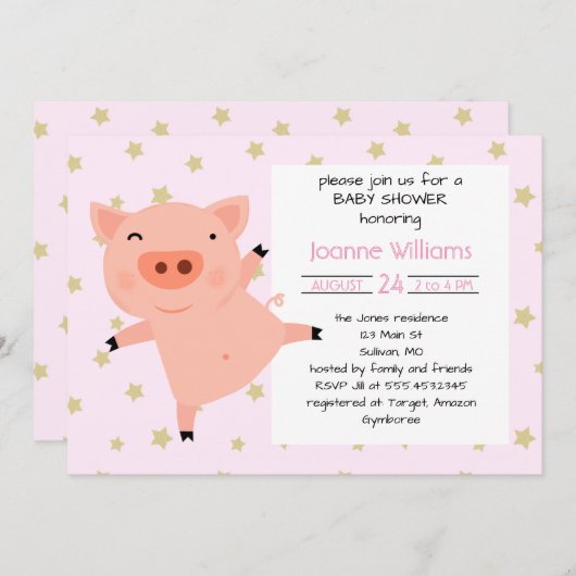 かわいい女の子のためのピギー赤ちゃんシャワー 招待状 (正面/裏面)