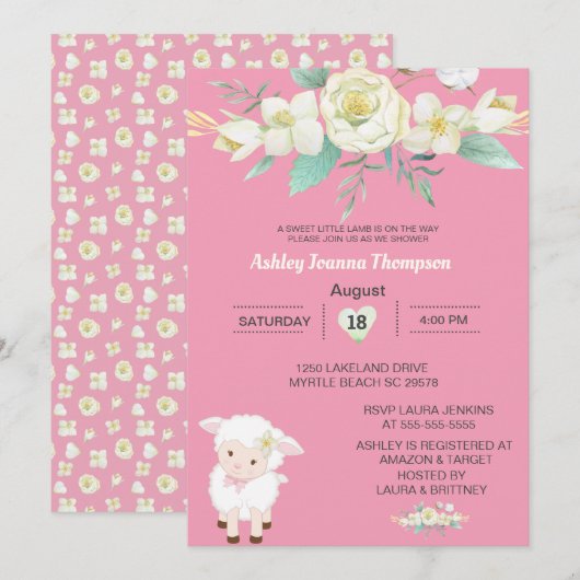 かわいい女の子のひつじのベビーシャワー招待状 招待状 (正面/裏面)