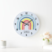 かわいい女の子のカラフルな虹の漫画と名前の子供用時計 ラージ壁時計 (ホーム)