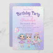 かわいい女の子のグリッター人形ホログラフィックバースデーパーティー 招待状 (正面/裏面)