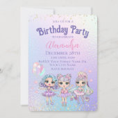 かわいい女の子のグリッター人形ホログラフィックバースデーパーティー 招待状 (正面)