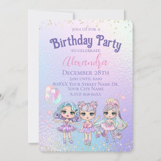 かわいい女の子のグリッター人形ホログラフィックバースデーパーティー 招待状 (正面)