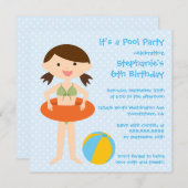 かわいい女の子のサマープールの誕生日のパーティー招待 招待状 (正面/裏面)
