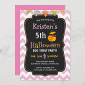 かわいい女の子のシェブロンハロウィン誕生日パーティー 招待状 (正面/裏面)