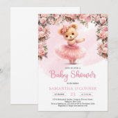 かわいい女の子のテディベアのチュチュバレリーナの頬染めのバラ 招待状 (正面/裏面)