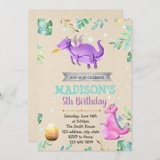 かわいい女の子のドラゴンの誕生日のパーティの招待状 招待状 (正面/裏面)