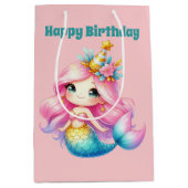かわいい女の子のハッピーバースデー人魚を追加文字 ミディアムペーパーバッグ (正面)