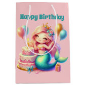 かわいい女の子のハッピーバースデー人魚を追加文字 ミディアムペーパーバッグ (正面)