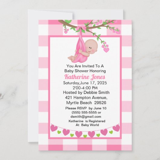 かわいい女の子のハートツリーベビーシャワー招待状 招待状 (正面)