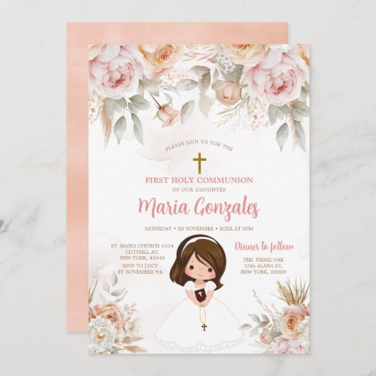 かわいい女の子のバイブル最初の聖なる聖餐式ピーチフローラ 招待状 (正面/裏面)