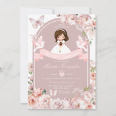 かわいい女の子のバイブル最初の聖餐式ピンクフローラ 招待状 (正面)