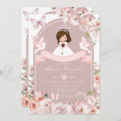 かわいい女の子のバイブル最初の聖餐式ピンクフローラ 招待状 (正面/裏面)