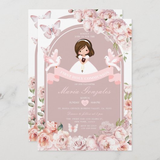 かわいい女の子のバイブル最初の聖餐式ピンクフローラ 招待状 (正面/裏面)