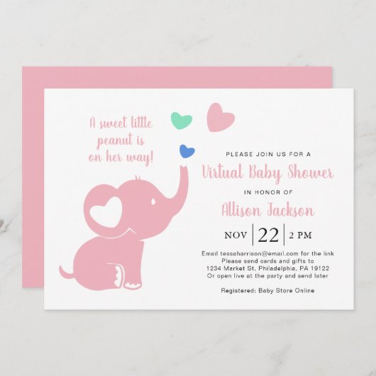 かわいい女の子のバーチャルシャワーエレファントピンク 招待状 (正面/裏面)