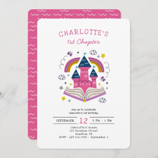 かわいい女の子のピンク1歳の誕生日パーティの招待状 招待状 (正面/裏面)