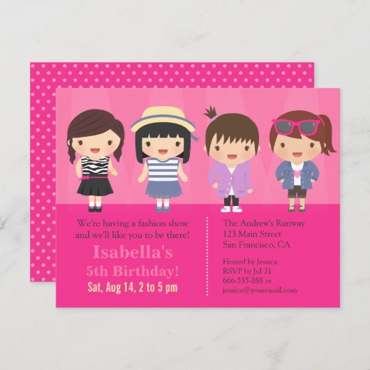 かわいい女の子のファッション・ショーの誕生会 招待状 (正面/裏面)