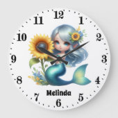 かわいい女の子のファンタジーマーメイドの名前を追加 ラージ壁時計 (正面)